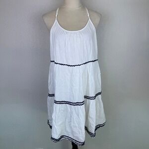 Aerie White Tiered Halter Dress with Navy Ric Rac Trim Casual Beach Resort Sz LG